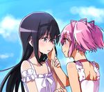  akemi_homura bad_id bad_twitter_id black_hair crying crying_with_eyes_open day dress hair_ribbon hairband hand_on_another's_cheek hand_on_another's_face kaname_madoka long_hair mahou_shoujo_madoka_magica multiple_girls pink_eyes pink_hair purple_eyes ribbon short_twintails smile sundress tears twintails yoplait yuri 