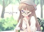 1girl arms_on_table blurry blurry_background braid brown_hair coffee_cup commentary_request cup disposable_cup english_text finger_to_mouth fujishima_megumi glasses grey_headwear hat heart highres link!_like!_love_live! long_hair love_live! on_chair one_eye_closed outdoors purple_eyes rainbow semi-rimless_eyewear shirt shushing sidelocks sitting soramizuki tree under-rim_eyewear white_shirt 