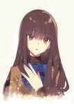  1girl ayaka_(disagree) blue_bow blue_bowtie bow bowtie brown_eyes commentary_request cropped_torso fate/extra fate_(series) hair_between_eyes hand_on_own_chest head_tilt highres kishinami_hakuno_(female) long_hair long_sleeves looking_at_viewer simple_background solo tsukumihara_academy_uniform_(fate/extra) very_long_hair white_background 