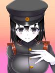  akitsu_maru_(kantai_collection) backpack bad_id bad_pixiv_id bag black_hair black_hat breasts buttons gloves gradient gradient_background grey_eyes hand_on_own_chest hat kantai_collection long_sleeves looking_at_viewer looking_up medium_breasts okuri_banto pale_skin peaked_cap randoseru remodel_(kantai_collection) short_hair smile solo upper_body white_gloves white_skin 