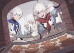  2boys 2girls :d ahoge alisaie_leveilleur alphinaud_leveilleur alternate_costume ameliance_leveilleur apron artist_name baking blue_eyes blue_neckerchief bowl braid braided_ponytail buttons byuub capelet collared_capelet cookie dated day earclip earrings elezen elf family final_fantasy final_fantasy_xiv fisheye food fourchenault_leveilleur gingerbread_cookie hair_over_one_eye holding holding_bowl holding_whisk indoors jewelry long_sleeves medium_hair multiple_boys multiple_girls neckerchief one_eye_covered open_mouth oven oven_interior oven_mitts pointy_ears red_neckerchief shelf siblings signature single_braid single_earring smile standing swept_bangs tray twins whisk white_capelet white_hair 