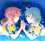  aqua_hair closed_eyes holding_hands inazuma_eleven_(series) inazuma_eleven_go kariya_masaki kirino_ranmaru long_hair lying male_focus multiple_boys on_stomach pink_hair raimon raimon_soccer_uniform soccer_uniform sportswear star tomm0515 twintails yellow_eyes 