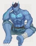 abs anthro artist_name belt biceps blue_bottomwear blue_clothing blue_horn blue_pants blue_tattoo border bottomwear brown_belt claws clothing elbow_on_knee fangs fingers hand_on_head hi_res horn jewelry looking_at_viewer male muscular muscular_anthro muscular_male necklace ninety_xc orange_eyes pants pendant simple_background sitting solo tattoo teeth white_background white_border white_claws