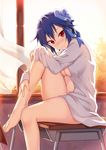  bad_id bad_pixiv_id barefoot blue_hair blush bow breasts cleavage desk embarrassed hair_bow hair_ornament hair_ribbon indoors leg_hug long_legs looking_at_viewer medium_breasts mole mole_under_eye naked_shirt nisekoi on_desk peach_(momozen) red_eyes ribbon school_desk shirt short_hair sitting sitting_on_desk solo tsugumi_seishirou tsurime wind window 