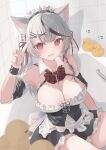  !? 1girl absurdres alternate_costume animal_ears apron armpits bare_shoulders bathtub black_hair bow bowtie braid breasts cat_ears cleavage collarbone enmaided fang frills grey_hair hair_ornament highres hololive large_breasts looking_at_viewer maid maid_headdress medium_hair mimiquilike multicolored_hair open_mouth red_bow red_bowtie red_eyes rubber_duck sakamata_chloe shadow solo streaked_hair v virtual_youtuber wrist_cuffs x_hair_ornament 