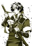  fire_emblem fire_emblem:_kakusei male_focus monochrome mouth_hold ronku sheath sheathed shuri_yasuyuki solo sweat sword vambraces weapon 