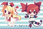  :d bat_wings blonde_hair blush_stickers bow chibi demon_tail disgaea etna flonne flonne_(fallen_angel) hair_ribbon long_hair multiple_girls navel open_mouth outstretched_arms pointy_ears red_eyes red_hair ribbon sazaki_ichiri smile spread_arms tail tail_bow twintails wings 