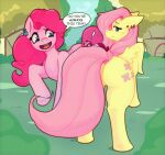 2023 blue_eyes butt cutie_mark day dialogue english_text equid equine exclamation_point female fluttershy_(mlp) friendship_is_magic grass group hasbro mammal mewmus micro my_little_pony outside pegasus pink_body pinkie_pie_(mlp) plant rose_(mewmus) smile text wings yellow_body