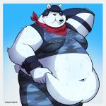 1:1 anthro bear belly big_belly bodily_fluids clothing epic_games eye_patch eyewear fortnite headgear headwear hi_res male mammal mindof navel overweight overweight_anthro overweight_male polar_bear polar_patroller solo sweat ursine