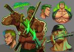  1boy abs alternate_pectoral_size aura bara collage cowboy_shot cropped_head dual_wielding green_hair grin highres holding huge_pectorals japanese_clothes kimono large_pectorals long_sideburns male_focus mouth_hold muscular muscular_male nipples one_piece pectorals psyoui roronoa_zoro sanpaku scar scar_across_eye sheath short_hair sideburns smile topless_male tsurime undercut unsheathing 