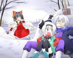  2girls ahoge ascot black_hair black_legwear blush boots coat convenient_leg d: detached_sleeves futa_(nabezoko) glasses hair_ribbon hair_tubes hakurei_reimu knees_together_feet_apart konpaku_youmu mittens morichika_rinnosuke multiple_girls open_mouth overcoat pants purple_eyes ribbon scarf short_hair shovel shoveling silver_hair sitting sitting_on_person snow sweatdrop thighhighs touhou white_hair yellow_eyes 