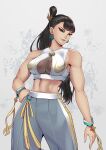  1girl abs absurdres black_hair bracelet chun-li cleavage_cutout clothing_cutout crop_top earrings eyeshadow fishnet_top fishnets highres jewelry long_hair looking_at_viewer makeup muscular muscular_female smile solo street_fighter toned tre_artz white_background yellow_eyes 