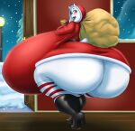 anthro big_breasts big_butt blues64 blush boots boss_monster bovid breasts butt caprine christmas clothing dress female floppy_ears footwear goat hi_res high_heeled_boots high_heels holding_sack holidays horn huge_breasts huge_butt huge_thighs hyper hyper_breasts hyper_butt hyper_hips hyper_thighs leggings legwear looking_back mammal marauder6272 open_mouth purple_eyes sack solo thick_thighs toriel undertale undertale_(series) white_body wide_hips