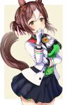  1girl animal_ears ascot black_skirt border brown_hair buttons closed_mouth clover_hair_ornament collared_shirt commentary_request cowboy_shot double-breasted fine_motion_(umamusume) gloves green_eyes green_vest hair_bun hair_ornament hanamura_pink highres horse_ears horse_girl horse_tail jacket multicolored_hair purple_eyes shirt short_hair simple_background skirt smile solo streaked_hair tail umamusume vest white_ascot white_border white_gloves white_hair white_jacket yellow_background 