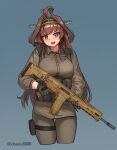  1girl absurdres ahoge alternate_costume battle_rifle blue_background breasts brown_hair brown_jacket brown_pants chance8000 double_bun gloves grey_gloves gun hair_bun hairband headgear highres holding holding_gun holding_weapon jacket kantai_collection kongou_(kancolle) kongou_kai_ni_(kancolle) large_breasts load_bearing_vest long_hair long_sleeves looking_at_viewer magazine_(weapon) open_mouth pants purple_eyes rifle round_teeth solo teeth thigh_strap upper_teeth_only very_long_hair weapon 