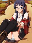  1girl bean_bag_chair black_hair black_pantyhose black_skirt blue_eyes blush boots brown_footwear closed_mouth clothes_pull cross-laced_footwear fringe_trim frown glasses grey-framed_eyewear idolmaster idolmaster_million_live! jewelry lace-up_boots lielos long_hair looking_at_viewer miniskirt mogami_shizuka necklace pantyhose pantyhose_pull pleated_skirt red_shawl shawl single_horizontal_stripe sitting skirt solo sweater turtleneck turtleneck_sweater white_sweater 
