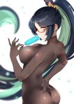  1girl adjusting_clothes ass back black_hair black_nails blue_eyes bodystocking breasts cloud_retainer_(genshin_impact) colored_inner_hair fingernails food from_behind genshin_impact glasses green_hair hair_ornament high_ponytail highres holding holding_food holding_popsicle isetnation large_breasts long_hair looking_at_viewer multicolored_hair nail_polish ponytail popsicle red-framed_eyewear semi-rimless_eyewear solo two-tone_hair very_long_hair xianyun_(genshin_impact) 