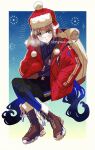  1boy :o backpack bag black_shorts blue_background blue_eyes blue_hair blue_pantyhose blue_shirt blunt_bangs blush boots border breath brown_footwear brown_hair captain_nemo_(fate) commentary_request cross-laced_footwear down_jacket fanny_pack fate/grand_order fate_(series) full_body fur-trimmed_headwear fur-trimmed_jacket fur_hat fur_trim gradient_background gradient_legwear hands_in_pockets hat highres jacket long_hair long_sleeves looking_at_viewer low_twintails male_focus nemo_(fate) nemo_(santa)_(fate) open_clothes open_jacket outside_border pantyhose pantyhose_under_shorts polo_shirt pom_pom_(clothes) puffy_long_sleeves puffy_sleeves red_headwear red_jacket sashikomi shirt shorts sidelocks sitting solo star_(symbol) twintails twitter_username ushanka very_long_hair white_border 