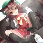  animal_ears arms_behind_back bad_id bad_pixiv_id black_cat black_legwear bottle brown_hair cat cat_ears cat_tail chen couch dutch_angle fang fang_out feet hat implied_footjob jewelry kneehighs leg_lift looking_at_viewer milk_bottle mob_cap multiple_tails naughty_face nekomata no_shoes ribbon sexually_suggestive short_hair single_earring sitting skirt skirt_set socks soles solo tail tenneko_yuuri toes touhou white_background yellow_eyes 