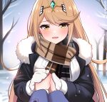  blonde_hair fur-trimmed_jacket fur_trim highres holding_hands jacket long_hair looking_at_viewer mythra_(xenoblade) namu_(112namu) open_mouth pov pov_hands scarf smile swept_bangs winter winter_clothes xenoblade_chronicles_(series) xenoblade_chronicles_2 yellow_eyes 