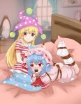  2girls absurdres american_flag_dress bdsm blonde_hair blue_hair bondage bound clownpiece commission dress gag gagged hat highres jiayuansi kidnapping mob_cap multiple_girls no_shoes on_bed pink_dress pointy_ears red_eyes remilia_scarlet restrained second-party_source shibari socks touhou white_socks 