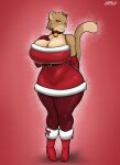 absurd_res akibarx anthro bell bell_collar big_breasts breasts brown_body brown_fur christmas christmas_clothing clothed clothing collar ear_piercing felid feline female fur hi_res holidays jasmine_(akibarx) lion mammal pantherine piercing simple_background smile solo tail