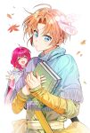  1boy 1girl :d ahdqkd_112 akatsuki_no_yona autumn_leaves bag blue_capelet blue_eyes book brown_hair capelet earrings feather_hair_ornament feathers hair_ornament hand_up handbag highres holding holding_book instagram_username jewelry long_sleeves looking_at_viewer pink_hair short_hair smile standing twitter_username watermark white_background yona_(akatsuki_no_yona) yoon_(akatsuki_no_yona) 