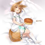  1girl animal_ears blonde_hair chinese_commentary commentary fairyfloss fox_ears fox_girl fox_shadow_puppet fox_tail frown green_ribbon highres kudamaki_tsukasa looking_at_viewer mooncake on_bed ribbon socks solo tail touhou white_socks yellow_eyes 