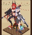  2girls :d ahoge assault_rifle belt black_belt black_bow black_bowtie black_footwear black_gloves black_jacket black_pants boots bow bowtie box breasts character_doll character_request checkered_floor cleavage cloak closed_mouth commentary_request cropped_jacket crossed_arms crotch_plate dorothy_(nikke) dress fingerless_gloves full_body gift gift_box gloves goddess_(nikke) goddess_of_victory:_nikke gun hair_between_eyes head-mounted_display headlock high_heel_boots high_heels highres hip_vent holding holding_gun holding_weapon horns jacket large_breasts leather leather_jacket leather_pants liliweiss_(nikke) long_hair long_sleeves looking_at_viewer mechanical_horns multiple_girls navel open_mouth pants pixel_art rapunzel_(nikke) red_hair red_hood_(nikke) red_scarf rifle scarf scarlet_(nikke) shoes sidelocks smile sniper_rifle snow_white:_innocent_days_(nikke) snow_white_(nikke) socks standing stomach string_of_flags sugiyamasama suspenders the_legendary_commander_(nikke) unzipped weapon white_cloak white_hair white_socks yellow_eyes 