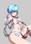  1980s_(style) 1girl artist_logo blue_hair breasts crop_top grey_background highres kabashima_yousuke lightning_bolt_symbol looking_at_viewer midriff navel purple_eyes retro_artstyle short_hair simple_background solo thigh_strap thighs underboob white_wristband wingman wristband yume_aoi 