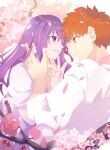  1boy branch cherry_blossoms closed_mouth day emiya_shirou fate/stay_night fate_(series) hair_ribbon hand_on_another&#039;s_chin highres kamigokuin long_hair long_sleeves looking_at_another matou_sakura orange_eyes orange_hair outdoors parted_lips purple_eyes purple_hair red_ribbon ribbon shirt short_hair short_sleeves smile white_shirt 