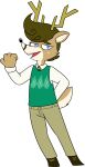 2018 4_fingers alpha_channel anthro antlers argyle_(pattern) argyle_clothing argyle_topwear biped black_eyebrows black_nose blue_eyes blue_pupils bottomwear brown_clothing brown_eyelashes brown_footwear brown_hair brown_markings brown_shoes cheek_tuft chokovit_(artist) clothed clothed_anthro clothed_male clothing colored countershade_face countershade_fur countershade_neck countershade_tail countershading dalton_darby deer digital_drawing_(artwork) digital_media_(artwork) eyebrow_through_hair eyebrows facial_markings facial_tuft fingers footwear front_view full-length_portrait fur fur_tuft furgonomic_footwear furgonomics glistening glistening_eyes green_clothing green_topwear green_vest hair head_markings hi_res horn looking_at_viewer male male_anthro mammal markings necktie open_mouth pants pattern_clothing pattern_necktie pattern_topwear portrait pupils raised_eyebrow red_tongue school_uniform scut_tail shirt shoes short_tail simple_background snout snout_markings solo standing striped_necktie tail tan_body tan_bottomwear tan_clothing tan_fur tan_pants tan_tail tan_tuft teenager teeth tongue topwear translucent translucent_hair transparent_background tuft unguligrade unguligrade_anthro uniform vest white_body white_clothing white_countershading white_shirt white_snout white_topwear yellow_antlers yellow_horn young