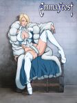  1girl boots breasts coat emma_frost fur_coat fur_collar high_heel_boots high_heels long_coat non-web_source white_footwear white_fur 