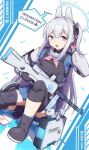  1-4daithi 1girl animal_hairband blue_archive body_armor boots commentary_request english_text gloves grey_hair gun hair_between_eyes hair_ornament halo headband highres knee_pads miyako_(blue_archive) open_mouth purple_eyes school_uniform simple_background solo submachine_gun tactical_clothes weapon 