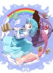  1girl :p barefoot blue_background blue_dress blue_eyes blue_hair cityscape cloud cloudy_sky commission dress feet frog full_body happy heterochromia holding holding_umbrella looking_at_viewer rainbow red_eyes short_hair skeb_commission sky snail solo tatara_kogasa toes tongue tongue_out torii toromi_(toromix2) touhou umbrella water_drop webp-to-png_conversion 