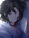  1girl amagami bed_sheet black_eyes black_hair close-up closed_mouth collarbone highres japanese_clothes kimono looking_at_viewer lying medium_hair messy_hair on_side one_eye_closed parted_bangs print_kimono solo takenoko_saba_otto tanamachi_kaoru waking_up wavy_hair white_kimono 