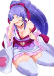  alternate_form anmitsu_komachi avy417 back_bow bad_id bad_pixiv_id bare_shoulders blush bow bow_by_hair breasts covering_eyes cure_fortune happinesscharge_precure! hikawa_iona japanese_clothes long_hair medium_breasts ponytail precure purple_hair simple_background smile solo sweat thighhighs white_background wide_ponytail 