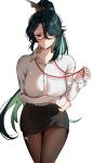  1girl alternate_costume arm_under_breasts black_hair black_skirt breasts brown_pantyhose cloud_retainer_(genshin_impact) collared_shirt commentary_request genshin_impact glasses green_hair hair_over_one_eye high_ponytail highres id_card large_breasts long_hair long_sleeves looking_at_viewer mayuma_(mayuma_0715) miniskirt office_lady pantyhose pencil_skirt red-framed_eyewear semi-rimless_eyewear shirt skirt solo torn_clothes torn_pantyhose very_long_hair white_background white_shirt xianyun_(genshin_impact) 