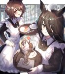  2girls agnes_tachyon_(umamusume) ahoge alternate_costume animal_ears black_dress black_hair blush cheesecake chemical_structure coffee_mug commentary_request cowboy_shot cup dress earrings enmaided food fork frilled_dress frills hair_between_eyes hand_on_own_hip highres holding holding_tray horse_ears ice_cream jewelry long_hair long_sleeves maid manhattan_cafe_(umamusume) mug multicolored_hair multiple_girls open_mouth short_hair siena_(moratoriummaga) single_earring smile streaked_hair sundae tray umamusume white_hair window_blinds yellow_eyes 