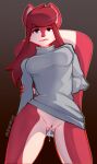 2023 anthro blue_eyes bodily_fluids bottomless butt_from_the_front clothed clothing female genital_fluids genitals hair looking_at_viewer mammal mephitid mewmus pussy pussy_juice red_body red_hair shirt simple_background skunk solo topwear