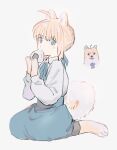  1girl absurdres ahoge animal_ears animal_feet animal_hands animalization artoria_pendragon_(fate) black_leggings blonde_hair blue_eyes blue_ribbon blue_skirt collared_shirt commentary_request dog_ears dog_girl dog_paws dog_tail eating fang fate/stay_night fate_(series) food from_side full_body grey_background hair_bun highres holding holding_food kemonomimi_mode leggings long_sleeves looking_at_viewer looking_to_the_side multiple_views neck_ribbon onigiri ribbon saber_(fate) shiba_inu shirt shirt_tucked_in short_hair sidelocks simple_background single_blush_sticker single_hair_bun sitting skin_fang skirt solo tail thick_eyebrows v-shaped_eyebrows wariza white_shirt zumu_(quw87) 