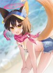  1girl animal_ear_fluff animal_ears bikini blue_archive blue_bikini blue_shorts blurry blurry_background blush breasts brown_hair commentary_request denim denim_shorts double-parted_bangs fang fox_ears fox_tail hair_between_eyes halo hands_on_own_thighs highres izuna_(blue_archive) izuna_(swimsuit)_(blue_archive) leaning_forward looking_at_viewer medium_breasts midriff no.054_(adar5857) official_alternate_costume open_mouth pink_halo pink_scarf rope scarf shimenawa short_hair shorts skin_fang solo striped striped_bikini swimsuit tail visor_cap white_stripes yellow_eyes yellow_stripes 