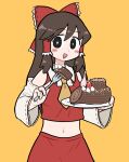  1girl black_eyes blush bow breasts bright_pupils brown_hair bseibutsu cake collared_shirt commentary cookie_(touhou) cowboy_shot detached_sleeves enema food fork frilled_bow frilled_hair_tubes frills fruit hair_bow hair_tubes hakurei_reimu holding holding_fork holding_plate long_hair looking_at_viewer medium_bangs medium_breasts midriff name_connection navel noel_(cookie) object_namesake open_mouth orange_background plate pun red_bow red_shirt red_skirt ribbon-trimmed_sleeves ribbon_trim shirt sidelocks simple_background skirt skirt_set sleeveless sleeveless_shirt smile solo strawberry touhou triangle_mouth white_pupils white_sleeves wide_sleeves yule_log_(cake) 