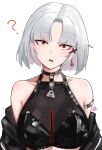  1girl ? absurdres arm_strap bandeau black_bandeau black_choker black_jacket breasts choker commentary drake_(nikke) drake_(villain_racer)_(nikke) drooling earrings english_commentary eyeliner goddess_of_victory:_nikke grey_hair hair_ornament head_tilt highres jacket jesh_art jewelry looking_at_viewer makeup medium_breasts mouth_drool official_alternate_costume open_clothes open_jacket open_mouth parted_bangs red_eyeliner red_eyes short_hair signature simple_background single_earring solo triangle_earrings upper_body white_background x_hair_ornament 