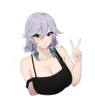  1girl absurdres bare_arms bare_shoulders black_tank_top blue_eyes bra_strap braid breasts cleavage commentary grey_hair grin hand_up highres izayoi_sakuya large_breasts looking_at_viewer parted_lips short_hair simple_background smile solo strap_slip tank_top touhou twin_braids umisaki upper_body v white_background 