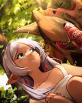  1girl absurdres animal bare_shoulders blush can collarbone commentary dinosaur dr_pepper earrings english_commentary frieren green_eyes hair_between_eyes highres jewelry khyle. long_hair pointy_ears soda soda_can solo sousou_no_frieren tank_top triceratops white_hair white_tank_top 