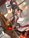  1girl bare_shoulders black_hair breasts closed_mouth commentary_request detached_sleeves fate/grand_order fate_(series) highres holding holding_weapon katana lack long_hair medium_breasts multicolored_hair nagao_kagetora_(fate) ponytail profile smile solo sword two-tone_hair uesugi_kenshin_(fate) very_long_hair weapon white_hair yellow_eyes 