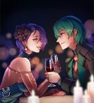  1boy 1girl alcohol alternate_costume aqua_dress black_suit blue_eyes byleth_(fire_emblem) byleth_(male)_(fire_emblem) closed_mouth commentary commission cup dress earrings english_commentary enlightened_byleth_(male) fire_emblem fire_emblem:_three_houses flower formal from_side glass green_hair hair_flower hair_ornament hakuramen highres holding holding_cup holding_hands jewelry lips long_sleeves looking_at_another necktie parted_lips pink_lips pink_necktie profile purple_eyes purple_hair ring shamir_nevrand smile strapless strapless_dress suit wedding_ring 