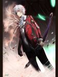  1boy eiyuu_densetsu hair_over_one_eye highres holding holding_sword holding_weapon katana lightning looking_at_viewer male_focus mecha necktie parted_bangs rean_schwarzer red_eyes robot school_uniform signature sword thors_military_academy_class_vii_uniform torn_clothes torn_sleeves uniform valimar weapon white_hair xiacheng_tatsuya 