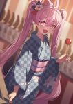  1girl 1other absurdres blue_archive blue_kimono blurry blurry_background blush candy_apple checkered_clothes checkered_kimono commentary_request fang food fukujin hair_between_eyes halo highres holding holding_food japanese_clothes kimono koyuki_(blue_archive) long_hair long_sleeves obi open_mouth pink_eyes pink_hair pink_halo sash skin_fang smile solo_focus twintails wide_sleeves 